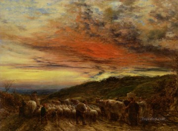 動物 Painting - リンネル・ジョン ホームワード・バウンド・サンセット 1861 羊